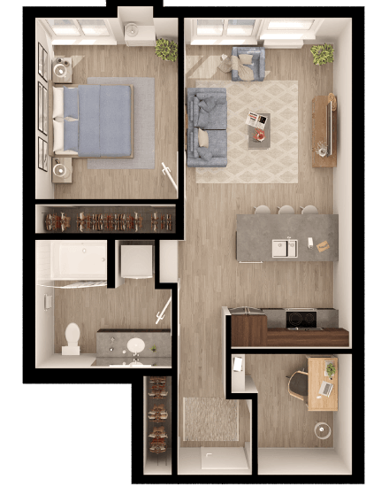 Floor plan for 1 bed, 1 bath, 713 sqft